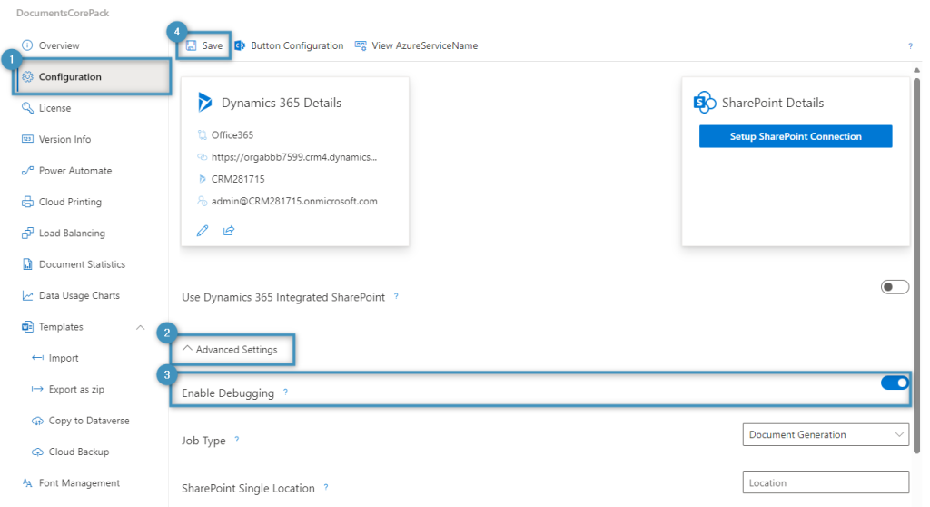 Enabling debugging in the Configuration tab