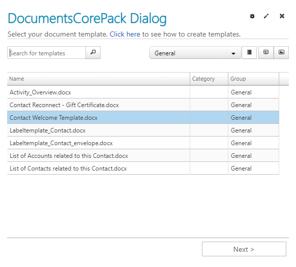 A list of contact templates being displayed