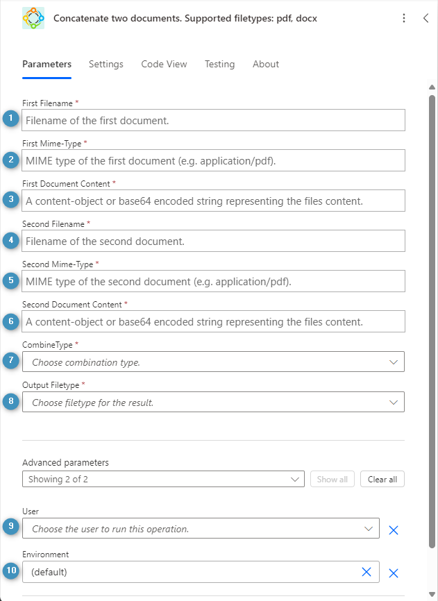Concatenate two document. Supported filetypes: pdf, docx