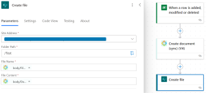 The Save file action of the SharePoint connector is added to the flow in PowerAutomate.