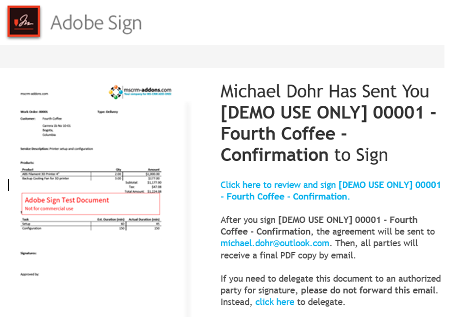 An email with a link to the Adobe Sign document