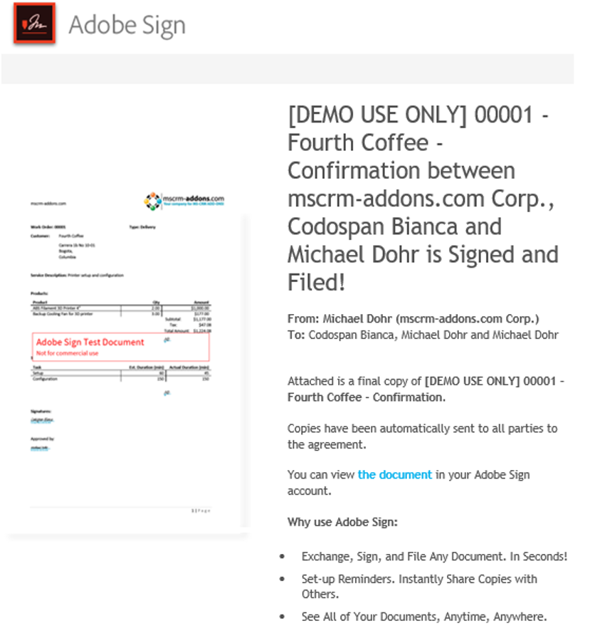 An email of the signed document with two signees