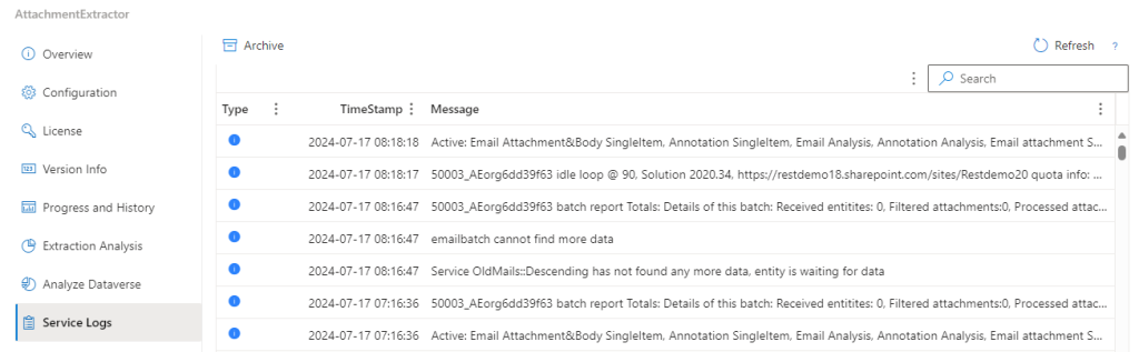 The Service Logs tab