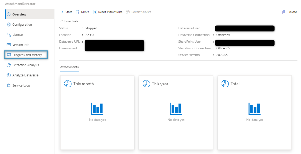 The AE Service Configuration, with the Progress and History tab highlighted