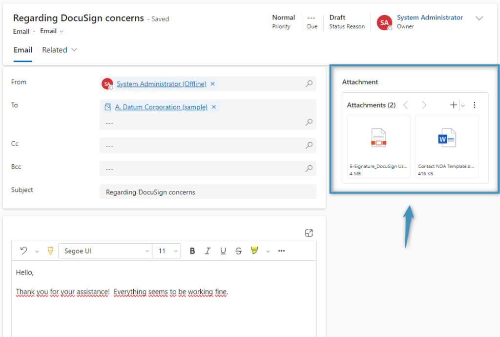 An email with attachments (highlighted in blue)