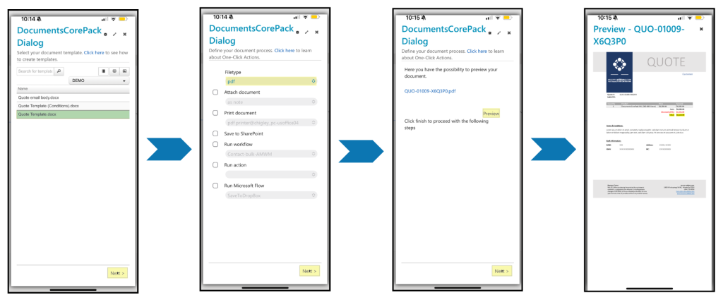 Go through the steps of the DocumentsCorePack dialog as usual