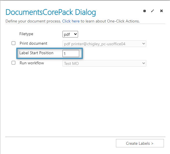 he label starting position in the DocumentsCorePack Dialog