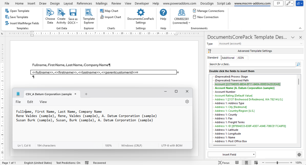 Text file created based on a template