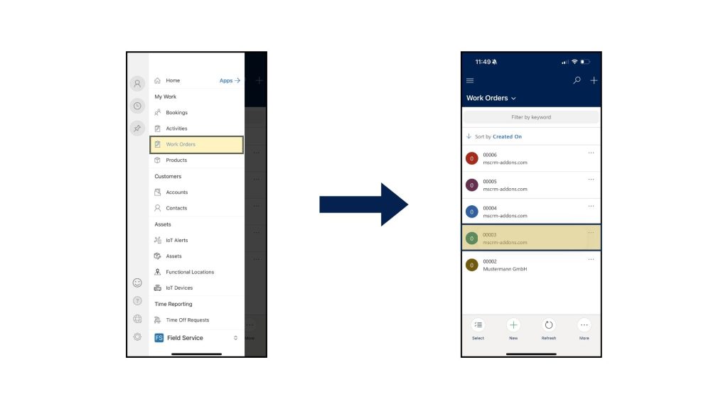Select a work order from the app