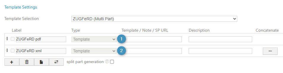 The ZUGFeRD Multipart. Two templates have to be selected.