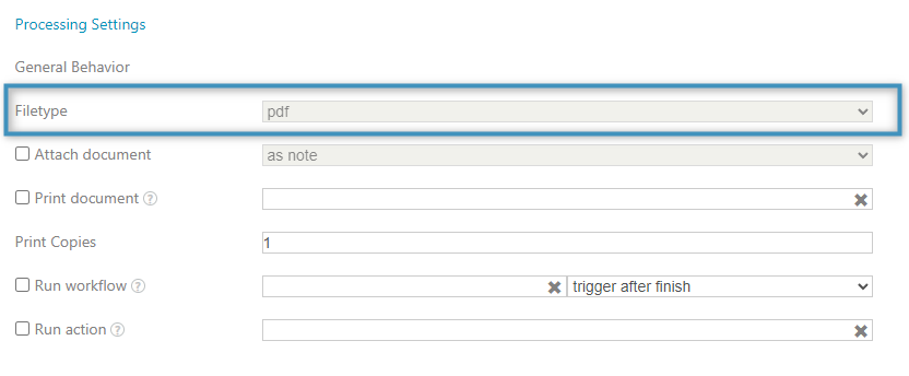 The processing settings window. Note that the file type option is locked and grayed out.
