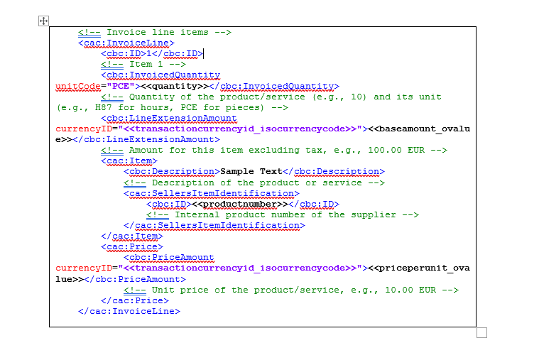An example showing XML content placed in a table. Note that the quantity field has been moved into a new location from its initial position.