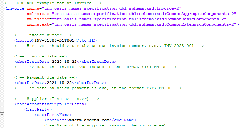 A section of our generated XML file. Note that the "IssueDate" has been formatted as we specfied.