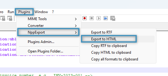 Navigating to "Export to HTML"