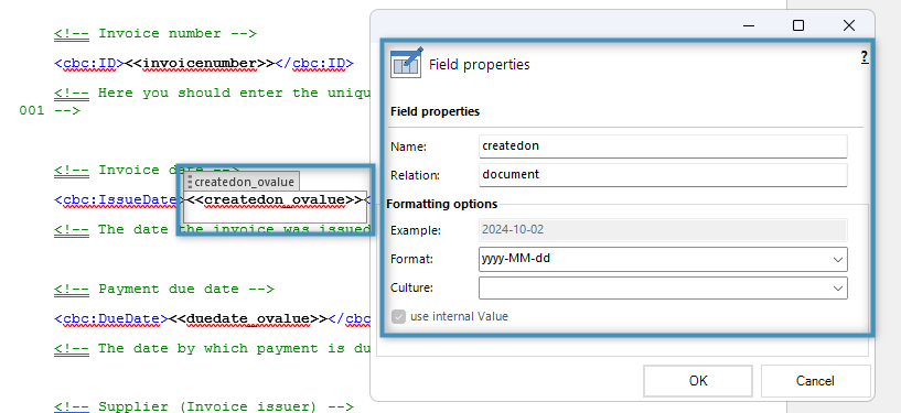 Example of a field in an XML template being formatted