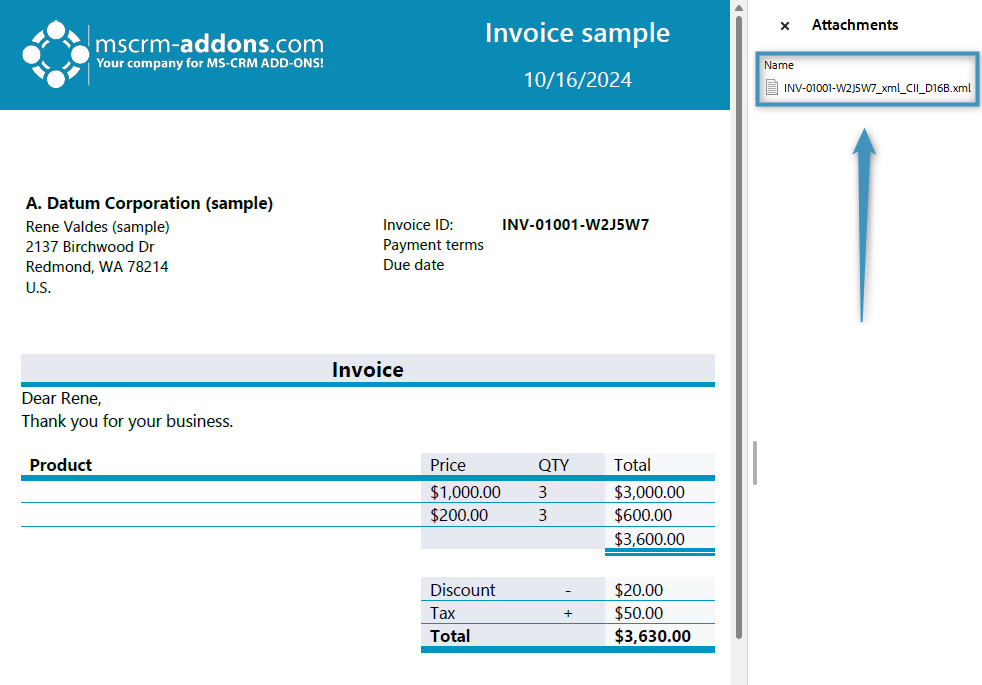 The generated PDF with the attached XML on the right