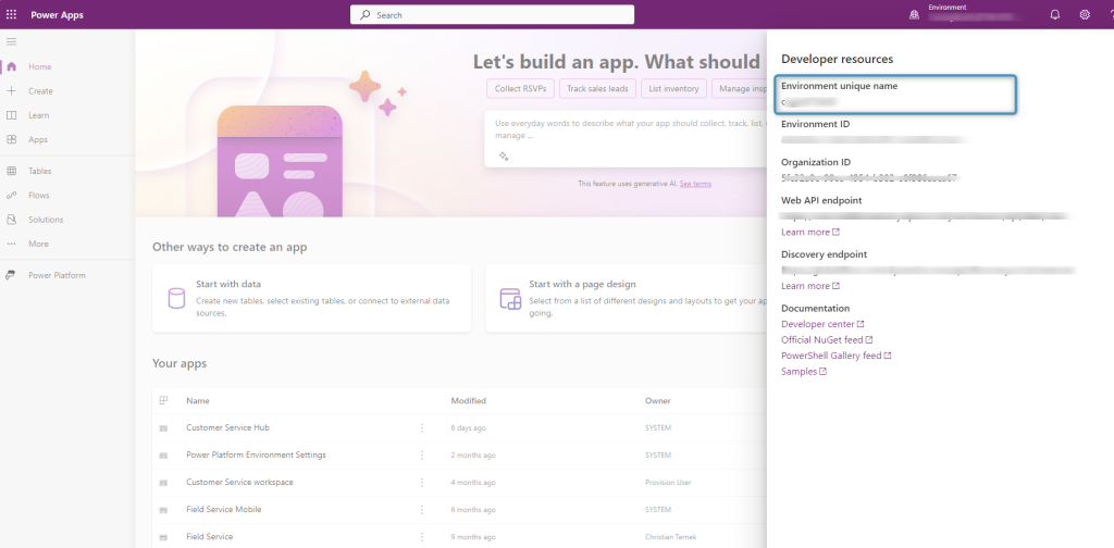 The unique name in Power Apps
