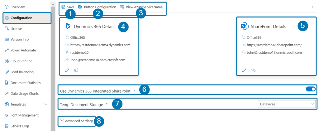The eight sections of the Configuration tab