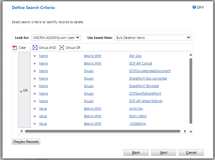 Defining the search criteria for our bulk deletion job