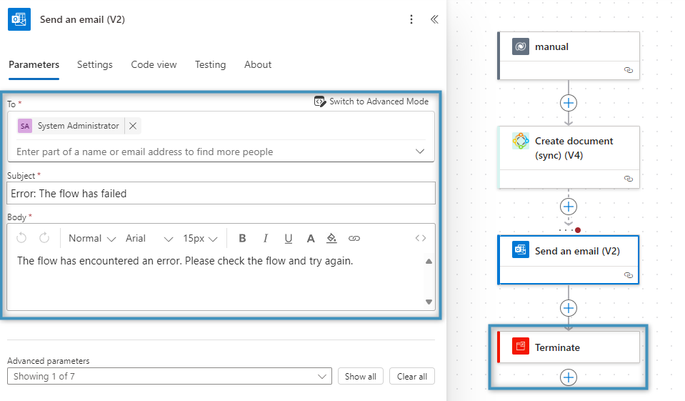 On the left, our email to be sent to a specified user. On the right, the "Terminate" action has been added to our flow.