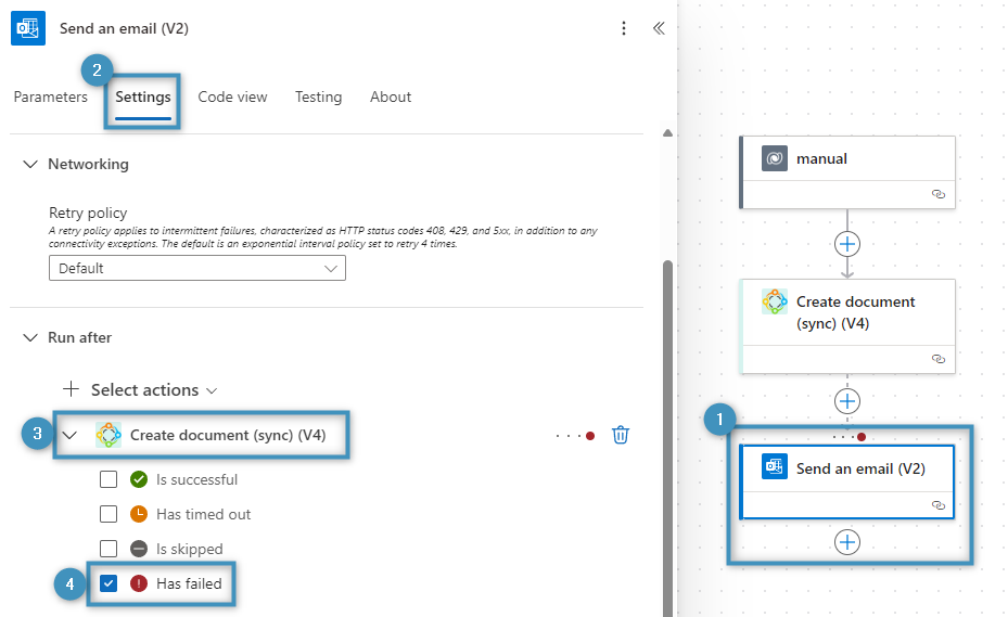 Our flow, now with an additional "Send an email" action. The "run after" setting will trigger this action if an error occurs within the "Create document (sync)" aciton.