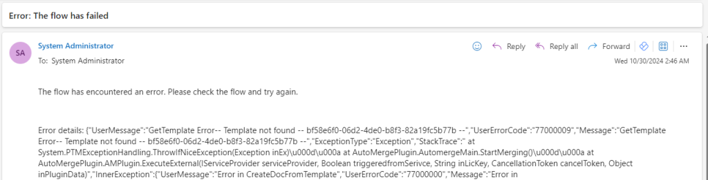 The received email, now displaying the error details