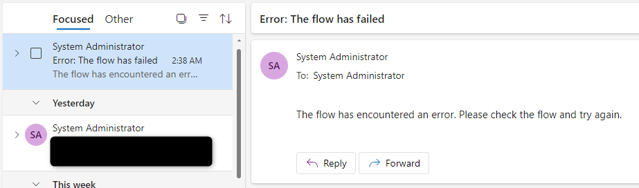 An email in an inbox warning the recipient of the error in our flow.