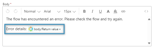 The "Create document (sync)" action's Return value placed in the email action.
