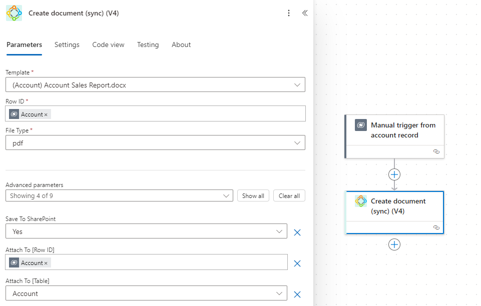 An overview of our flow, depicting two steps: the initial manual trigger of the flow and the "Create document (sync)" action from DocumentsCorePack.