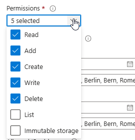 The required permissions for the SAS token