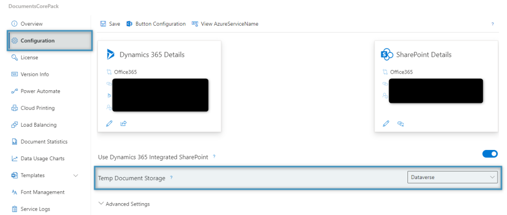 The Temp Document Storage dropdown under the Configuration tab