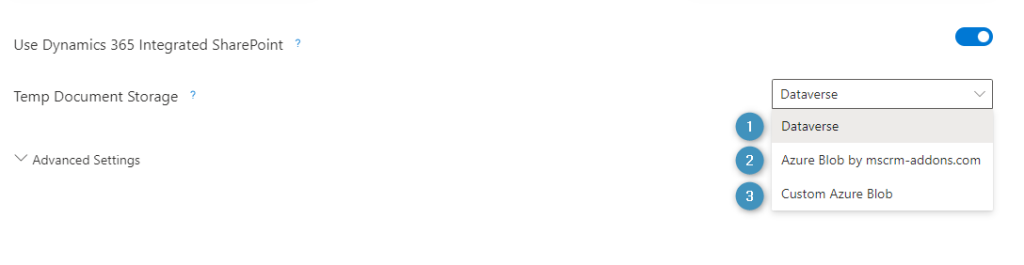 All three options of the Temp Document Storage dropdown