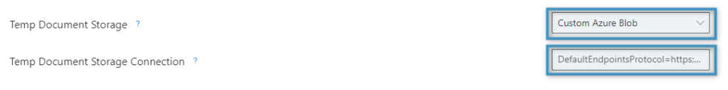 The Temp Document Storage Connection textbox appearing under the Temp Document Storage dropdown