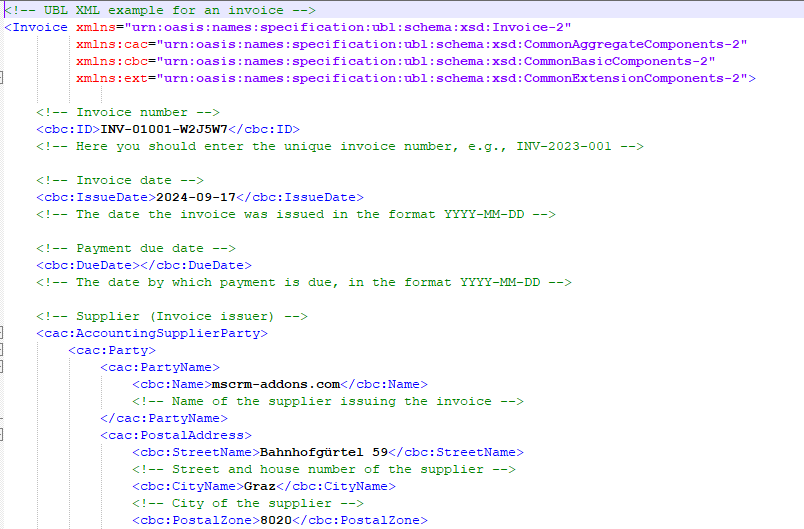 An example XML file generated by DocumentsCorePack