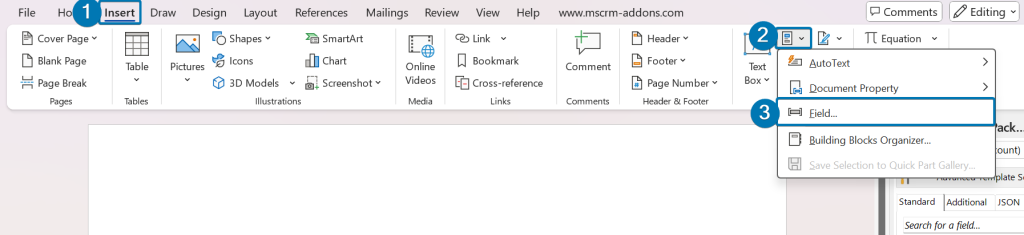 Select "Field" from the Quick Parts dropdown menu