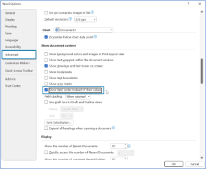 Check the "Show Field Codes" box in the Advanced Word Options