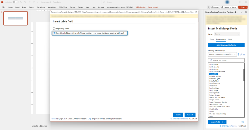 How to insert table fields in PowerAddon
