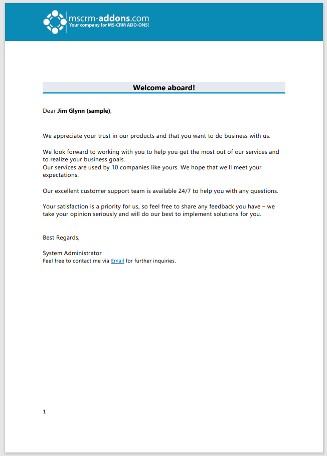 The first page of our document package, a welcome letter