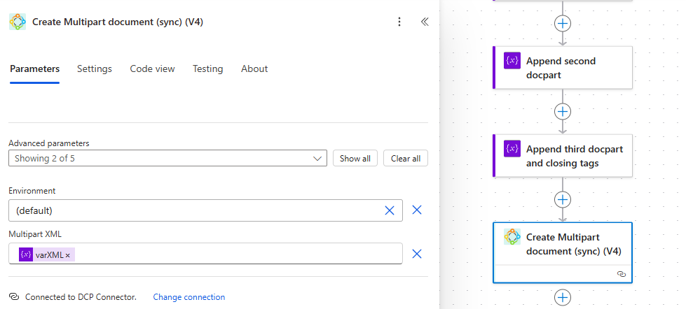 Passing in our XML variable to the action to create the document package