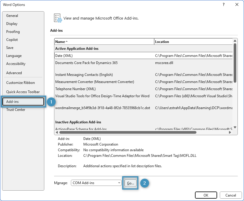 The Add-ins window in Word