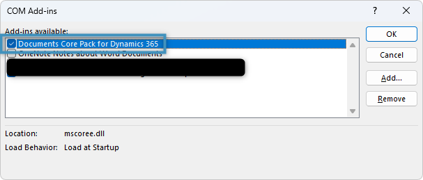 The COM Add-ins dialog
