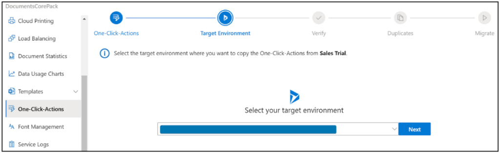 Select target environment for OCA migration