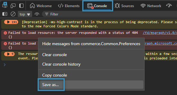 Saving the console log (Edge)