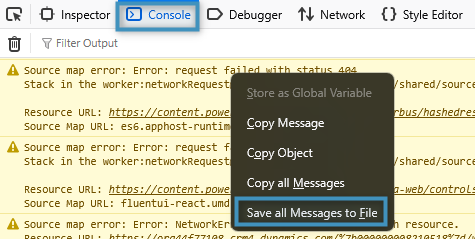 Saving the console log (Firefox)