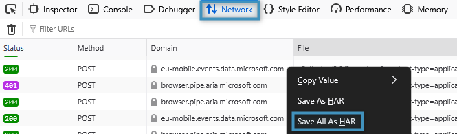 Downloading the HAR file (Firefox)