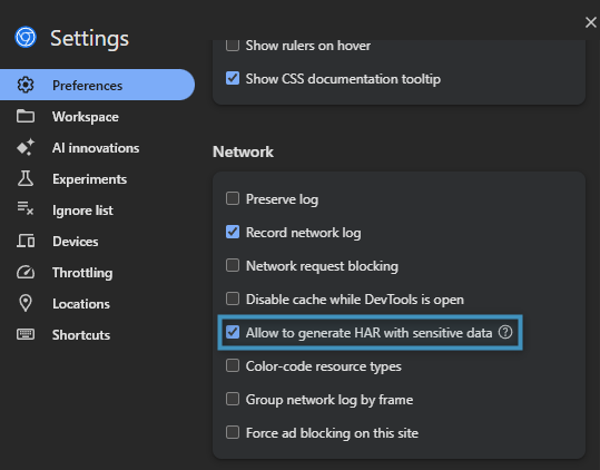 Enabling the HAR setting