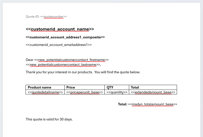 Our template, which now contains several field placeholders and a table placeholder