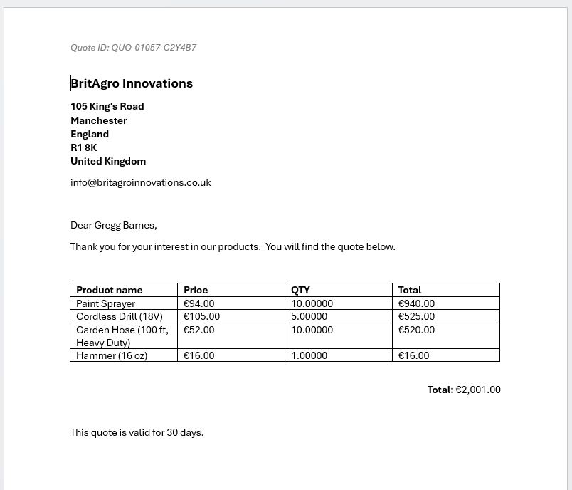 The result document generated from our quote template