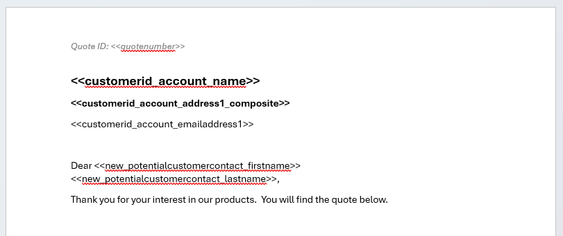 Our template with a few fields added to it