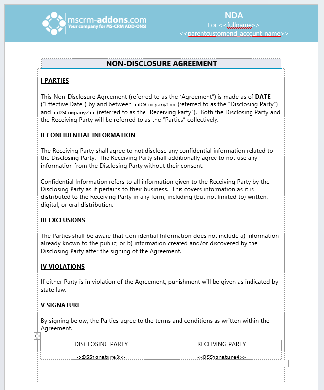 A sample NDA template. The template contains static text and placeholder fields from the Template Designer.